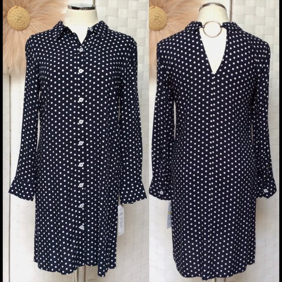 NWT Everlily Polka Dot Navy Blue White Blue Button Shirt Dress Made In India S - Picture 1 of 3